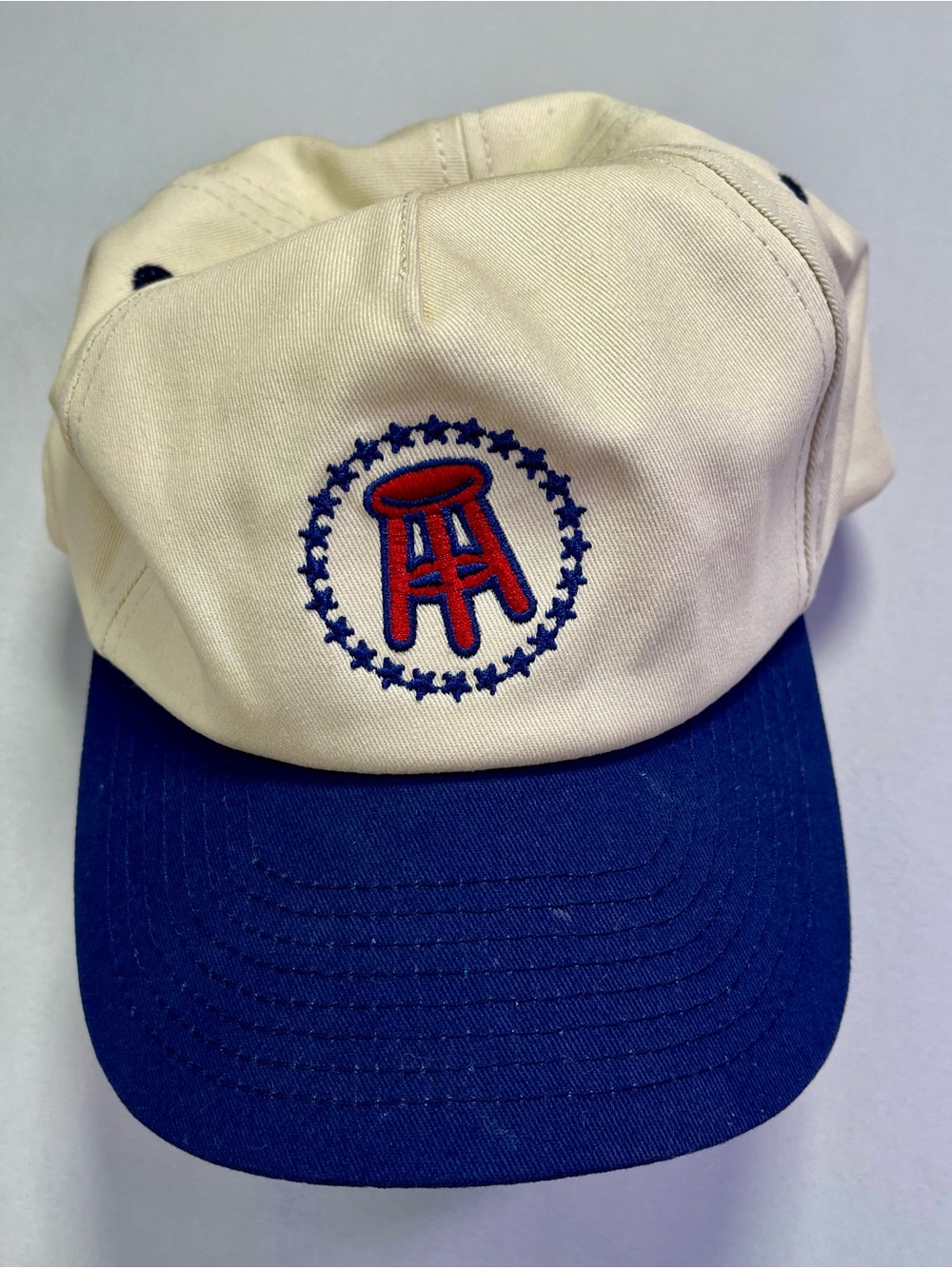 Barstool Sports Retro Red Stool Logo SnapBack Hat Cap Beige Navy Embroidered